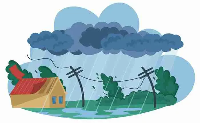 Illustration of a storm with wind, rain, and a damaged house roof