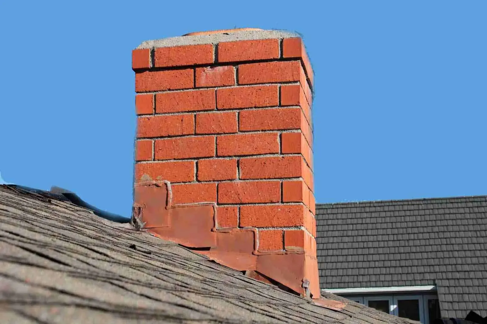 Red brick chimney on a shingle roof against a blue sky