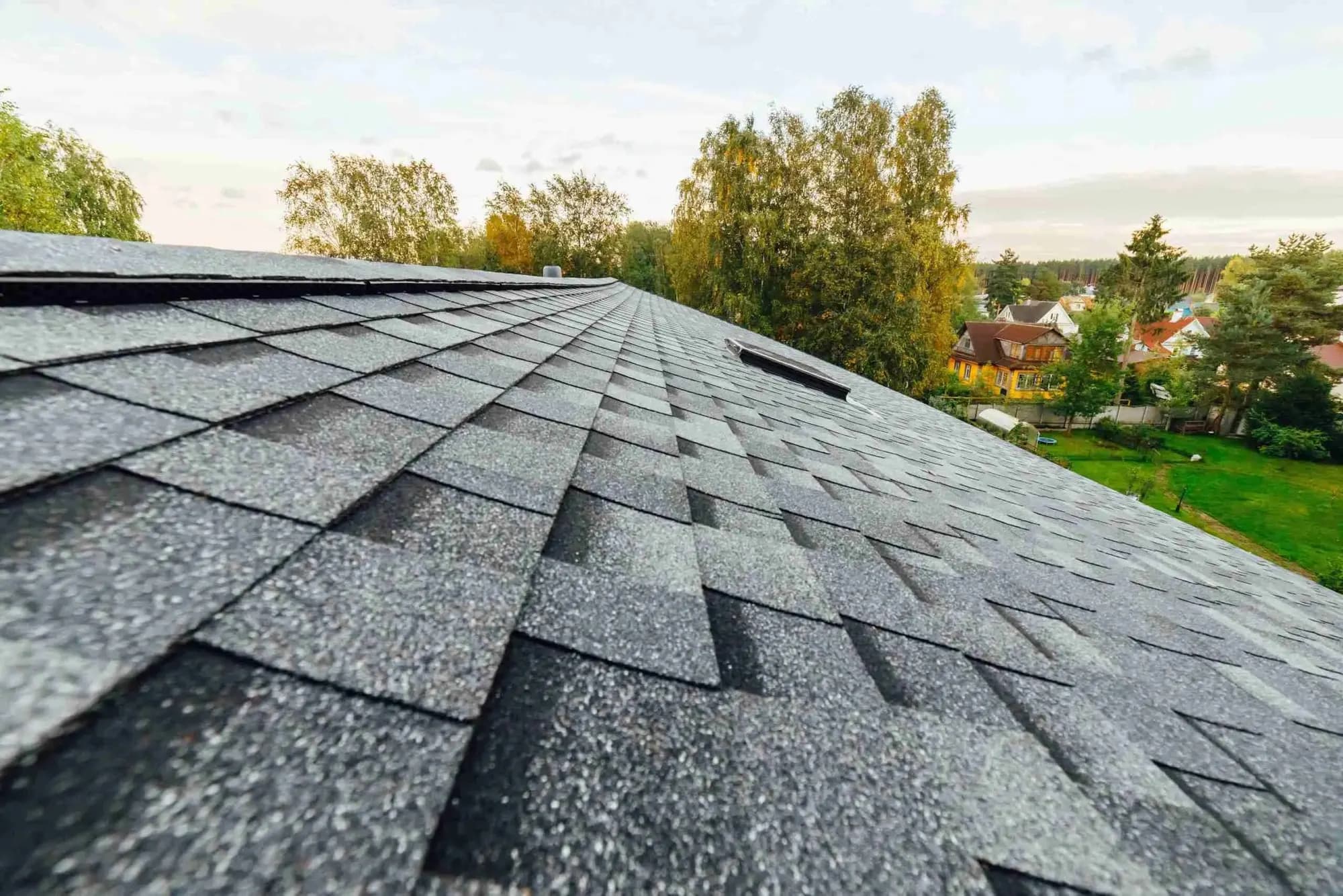 Close view of a gray architectural shingle roof with trees beyond