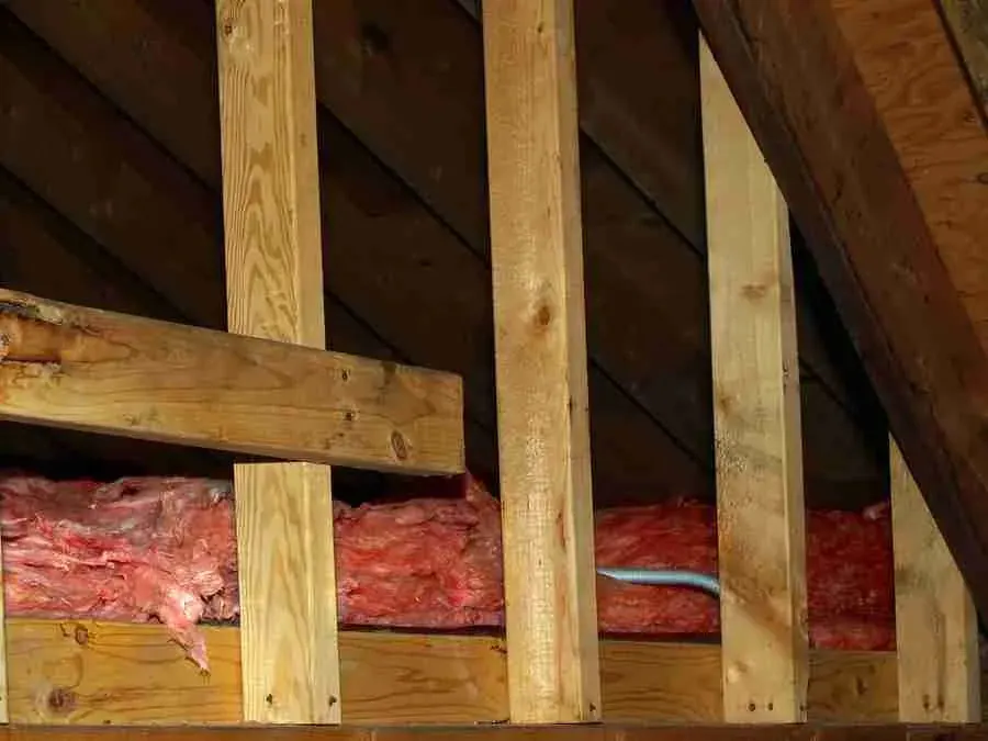 Attic framing with exposed rafters and pink insulation between joists