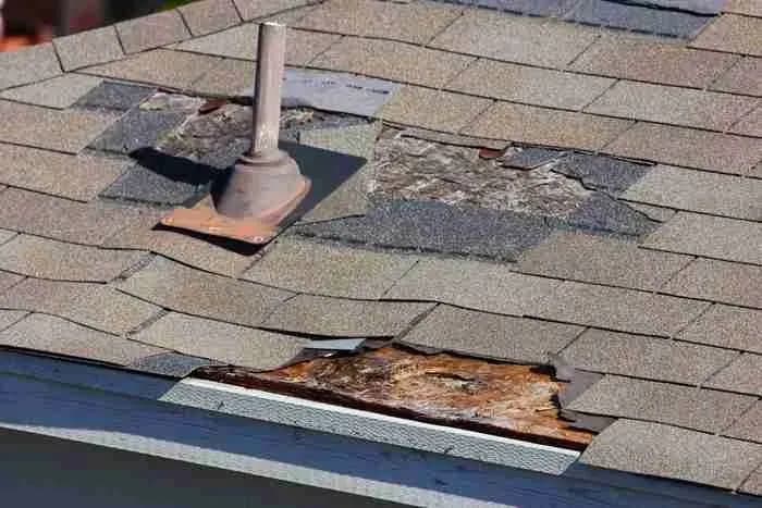 Damaged shingles around a vent pipe with rotted roof decking exposed