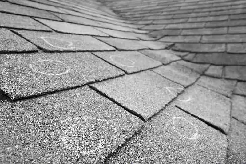 Gray shingles marked with chalk circles during a hail damage inspection
