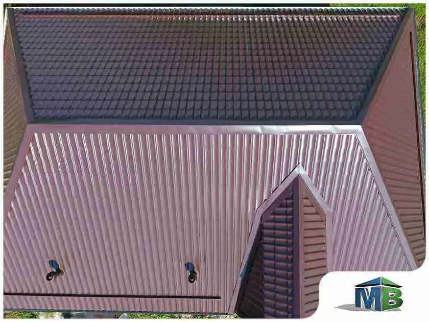 Aerial view of a burgundy metal roof