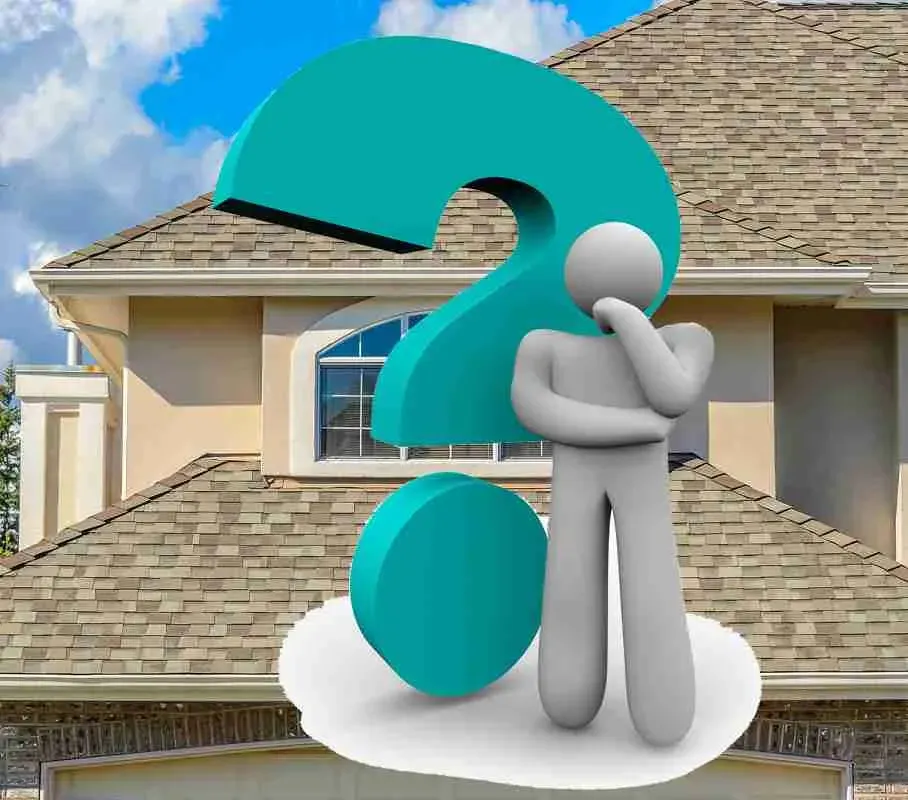 Figure with a question mark in front of a house with a shingle roof