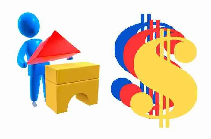 Illustration of a figure with building blocks next to a large dollar sign