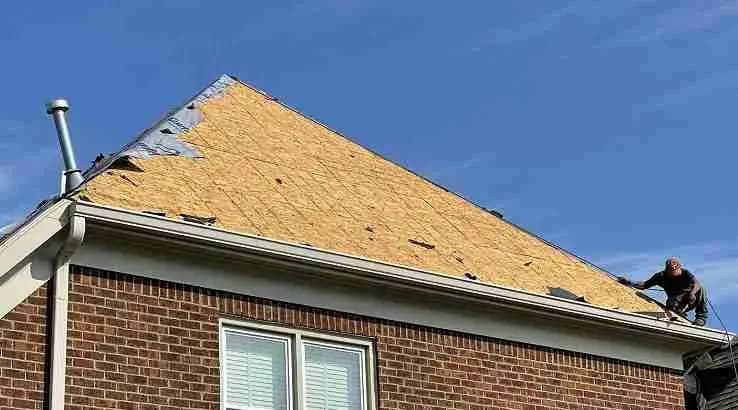 Roofer on a brick house during a tear-off with the roof decking exposed