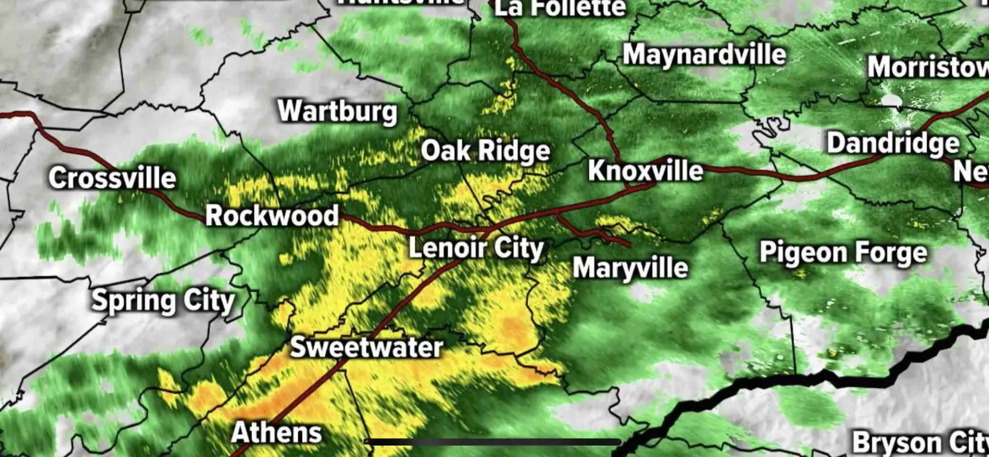 Weather radar map of East Tennessee showing rain over Knoxville and nearby towns
