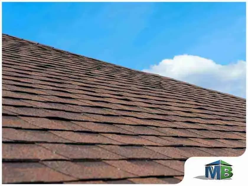 Brown asphalt shingle roof against a blue sky