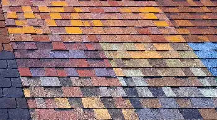 Close view of multicolored asphalt shingles