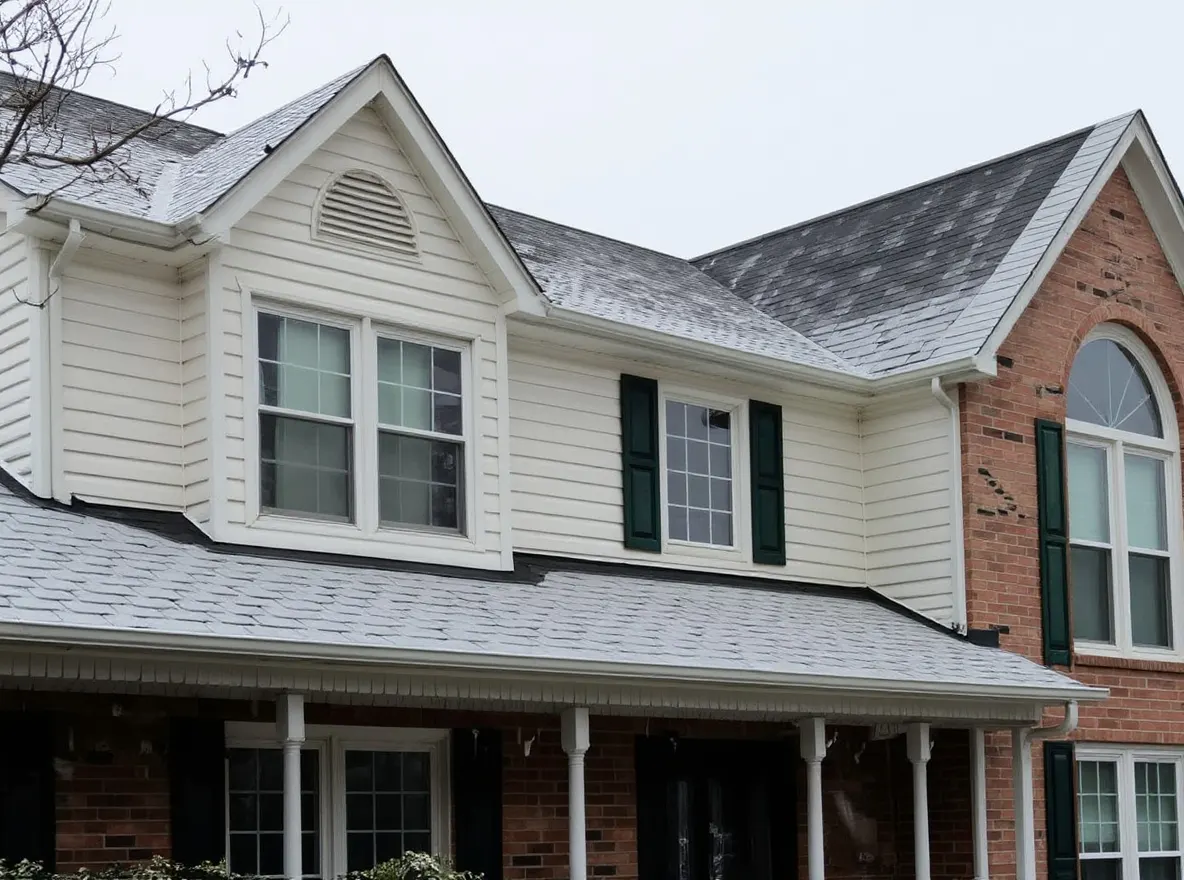 Roof of a home in Powell, job photo: giving a free estimate for a roof repair. The chimney is leaking and they need a flashing repair
