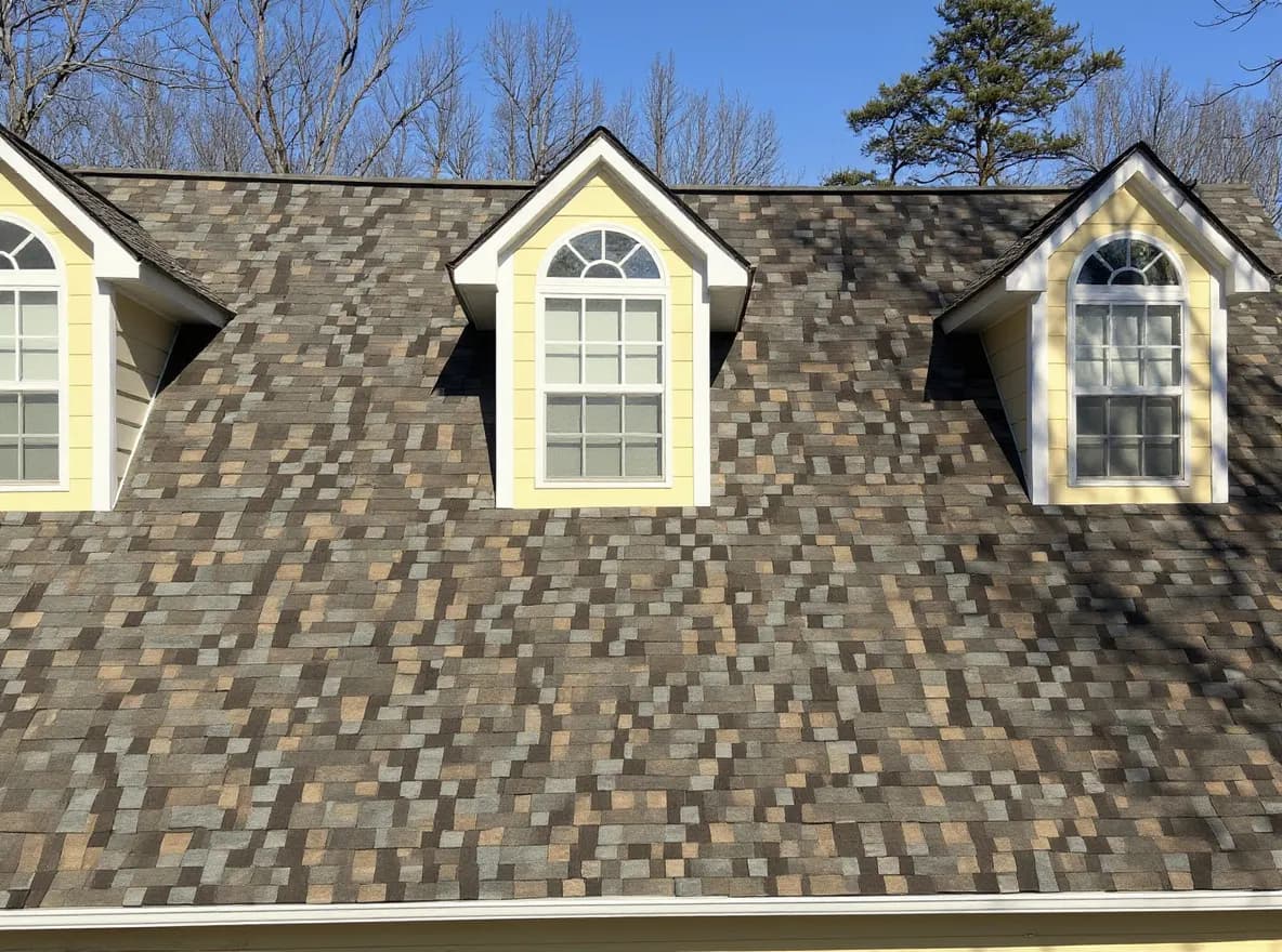 Closer view of the roof: a two-story house with a tan and stone exterior, featuring a newly installed dimensional shingle roof with three dormer windows and a covered front porch