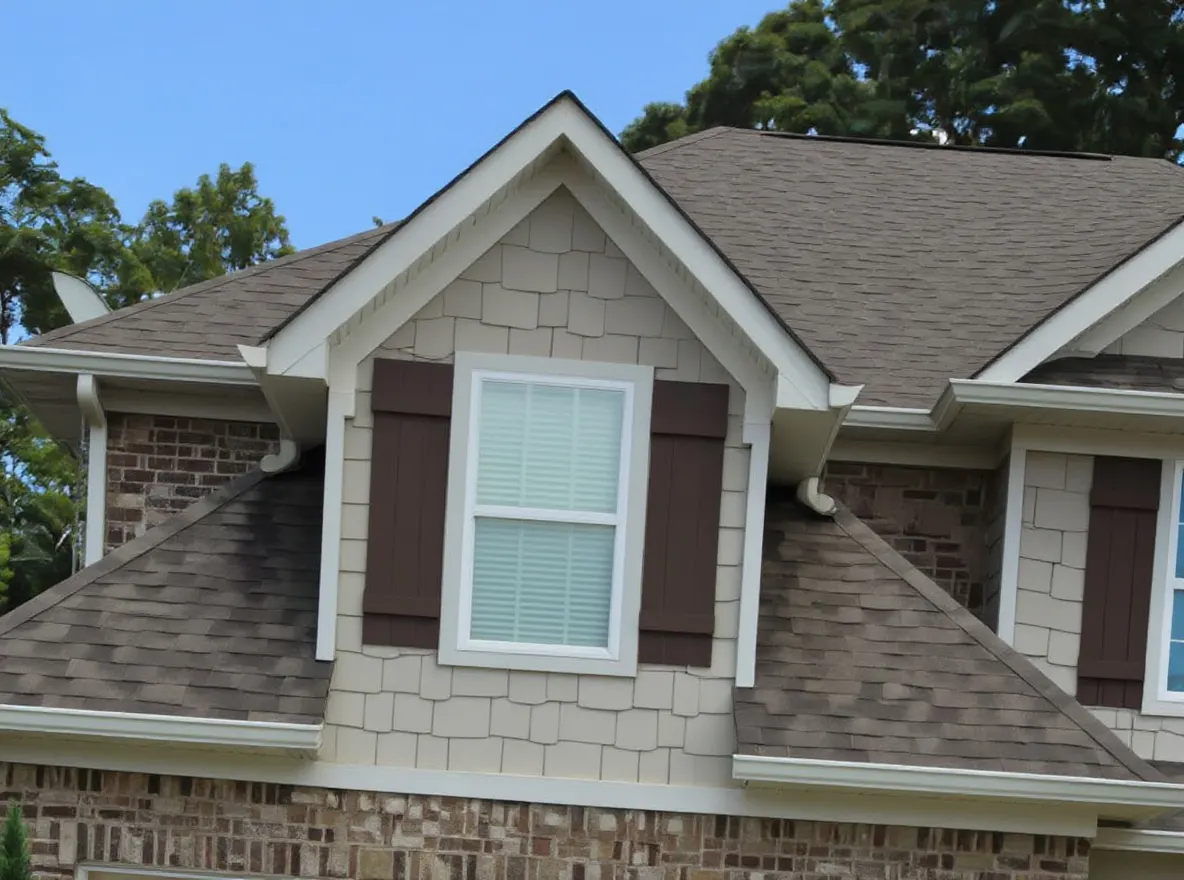 Closer view of the roof: a two-story suburban house with a brick and shingle-siding exterior, a two-car garage, and a fresh asphalt roof