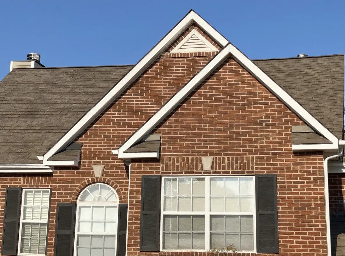 Closer view of the roof: a two-story brick house with a dark gray shingle roof, white trim, and an attached two-car garage, photographed on a clear sunny day