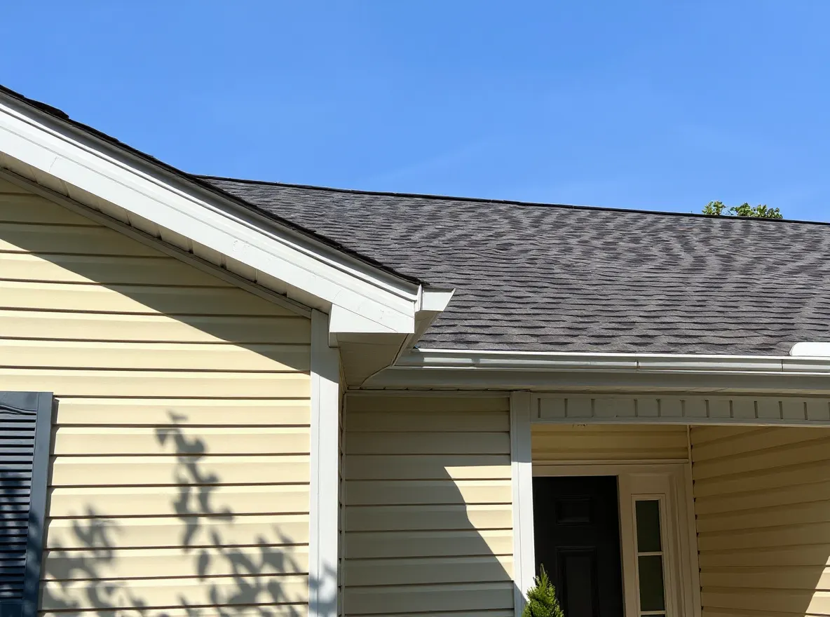Closer view of the roof: a completed roof replacement with gray architectural shingles on a single-story home with yellow vinyl siding, photographed under a clear blue sky
