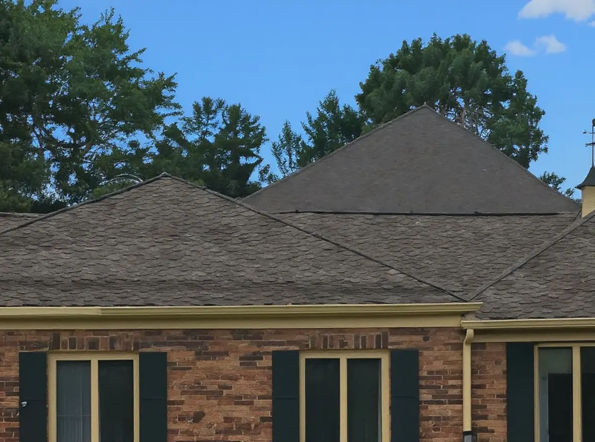Closer view of the roof: a brick ranch-style home with a shingled roof, landscaped lawn, and a flowering tree in the front yard