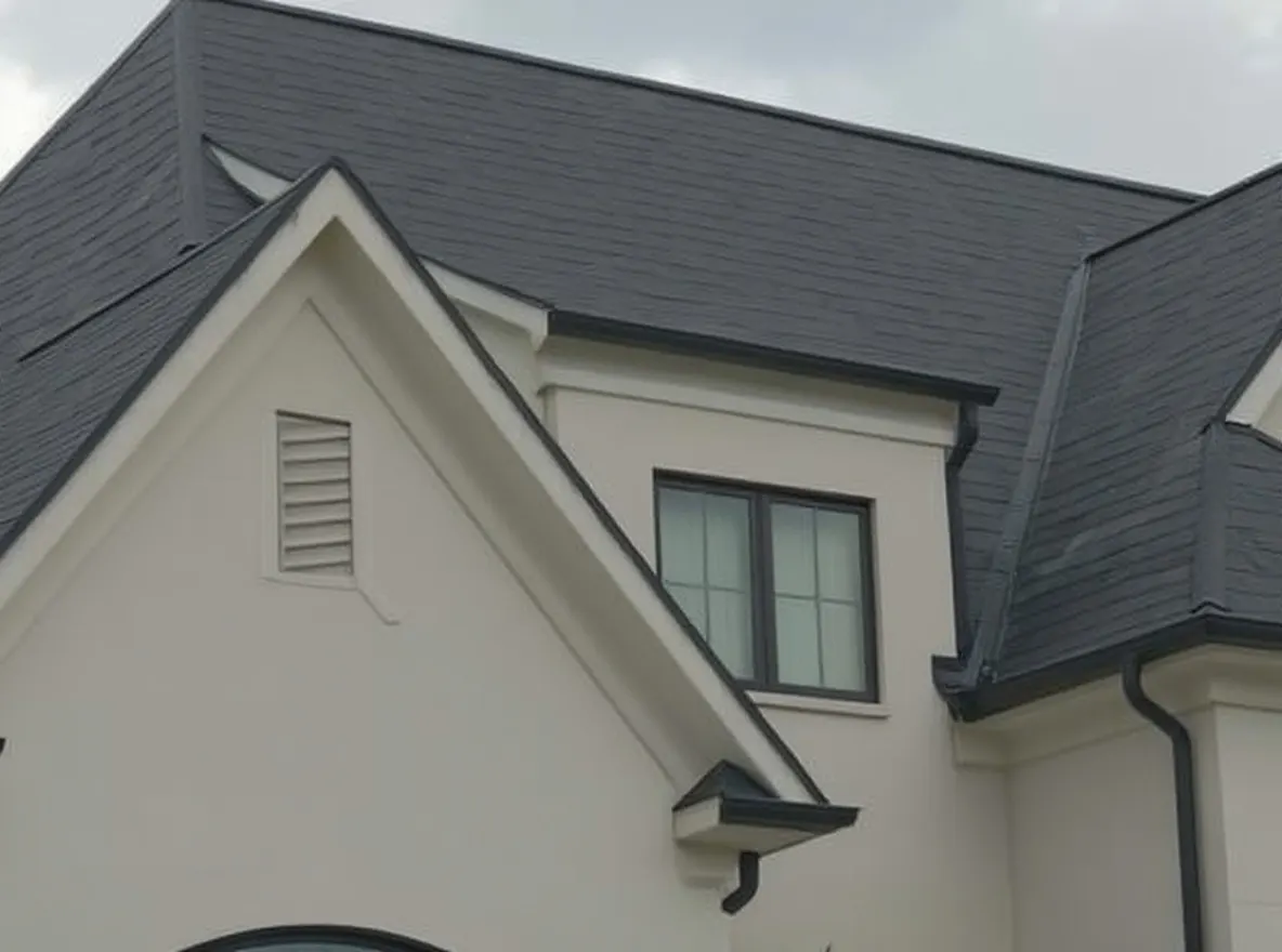 Closer view of the roof: a large two-story home with a gray shingled roof, cream-colored siding, and landscaped front yard under a cloudy sky