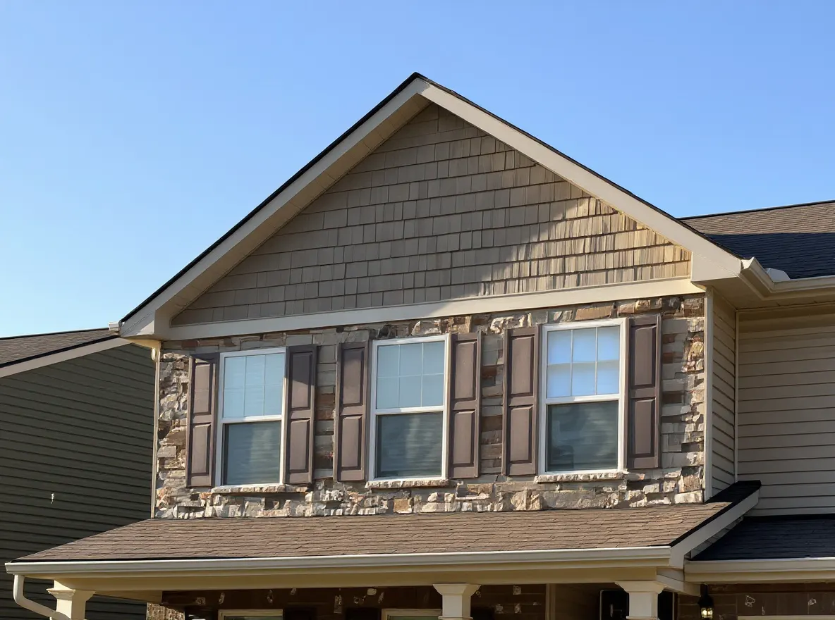 A two-story suburban home with stone and vinyl siding accents, a covered front porch, and a two-car garage, showcasing quality residential exterior craftsmanshi
