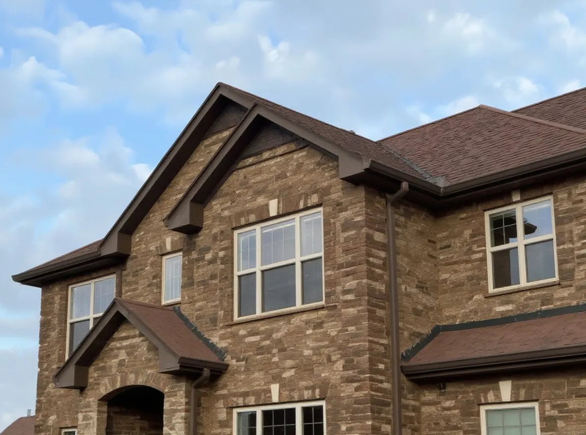 Closer view of the roof: a large two-story brick home with a multi-car garage, showing the roof and exterior architecture under a partly cloudy sky