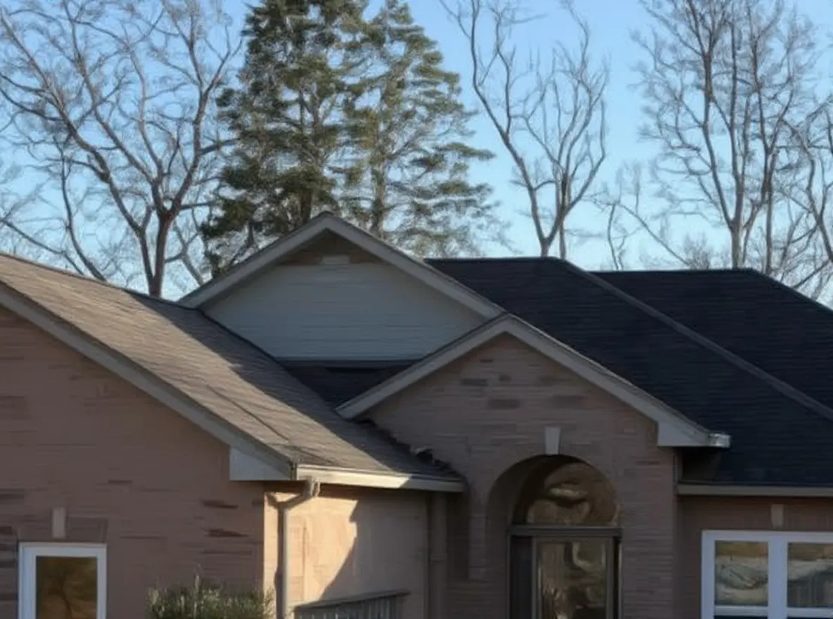 A single-story brick ranch-style house with a roof, viewed from across the street on a clear day