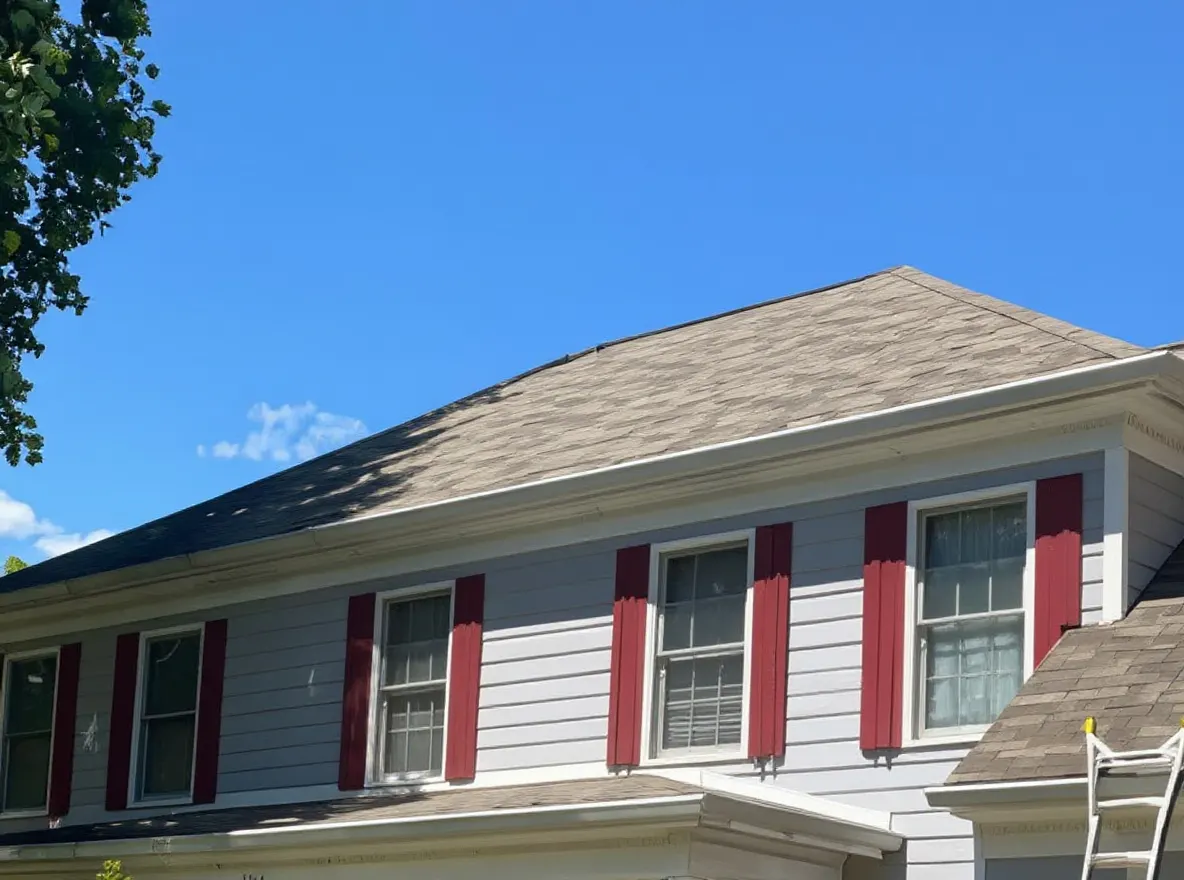 Closer view of the roof: a two-story house with gray siding, red shutters, and a shingled roof, with a ladder set up near the garage for roofing or renovation work