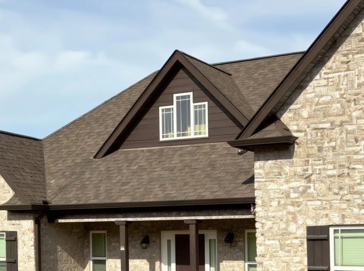 A two-story brick home with a dark shingle roof, gabled front, and landscaped flower beds, showcasing a completed roofing and construction project