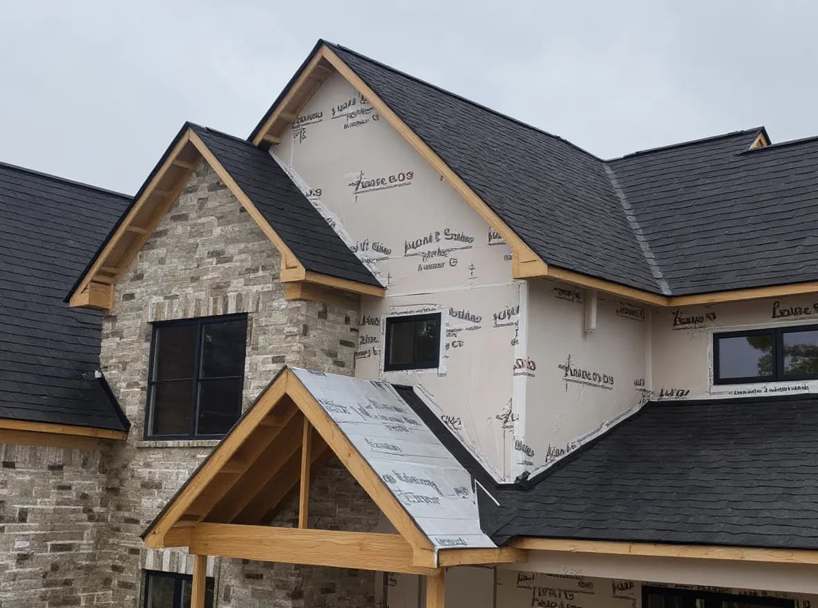 A large two-story home under construction with brick veneer, house wrap, and a newly installed shingle roof with multiple gables
