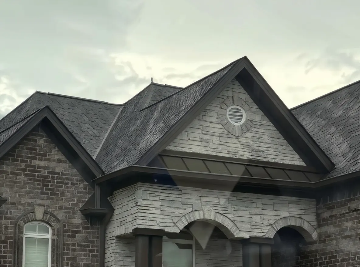 A large brick and stone two-story home with a covered front porch, photographed from across a wet street on an overcast day